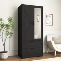 M&Ms - 2 Door Wood Wardrobe For Bedroom With Hanging Clothing Rod Inside The Cabinet And 2 Drawers For Storage Organization, Built-In Induction Light Multifunctional Closet With Mirror, Black