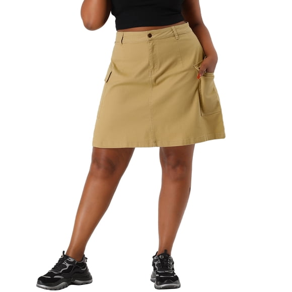 Falda de Talla Grande para Mujer Escuela Universidad Línea A Casual por Encima de la Rodilla Cremallera Frontal Faldas Acampanadas 2026 1X Caqui