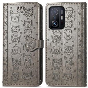 Funda Cartera Foxdock Para Xiaomi 11T , Flip Pu Con Relieve De Gatos Y Perros, Tarjetero Y Soporte