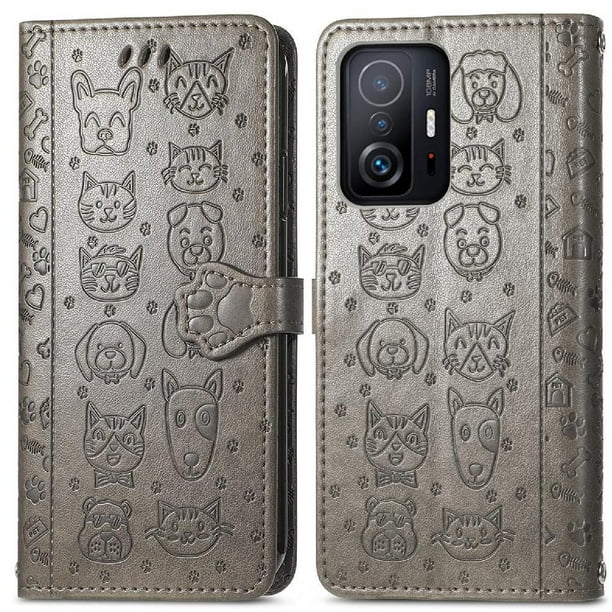 Funda Cartera FOXDOCK para XIAOMI 11T , Flip PU con Relieve de Gatos y Perros, Tarjetero y Soporte
