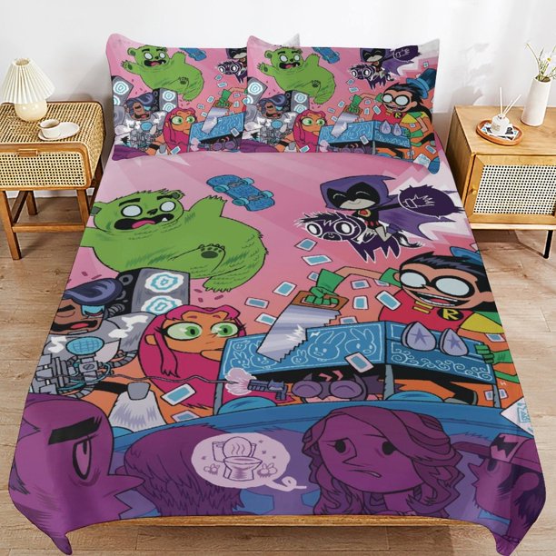 Teen Titans Go Cartoon Bedding Sets Ultra Soft Skin-Friendly Duvet Cover 3 Piece, Cute Comforter Cover Bed Set for Boys Girls Kids