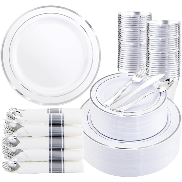 WDF Partyware Set de vajilla desechable plateada de plástico, 350 piezas para 50 personas
