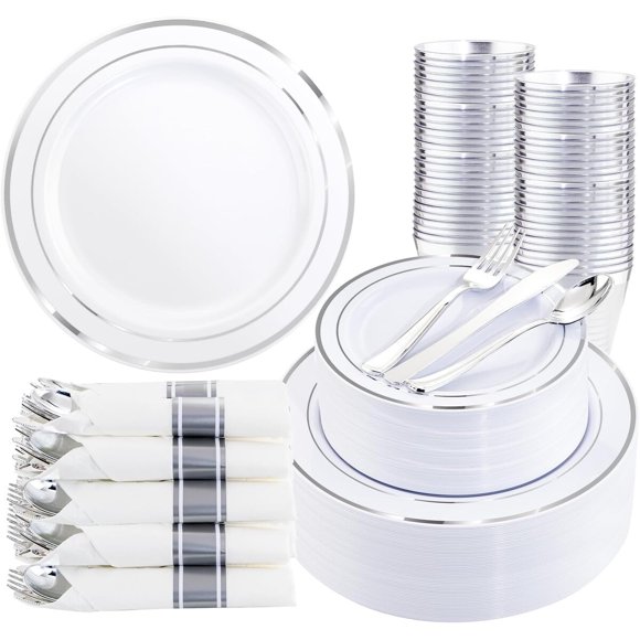 WDF Partyware Set de vajilla desechable plateada de plástico, 350 piezas para 50 personas