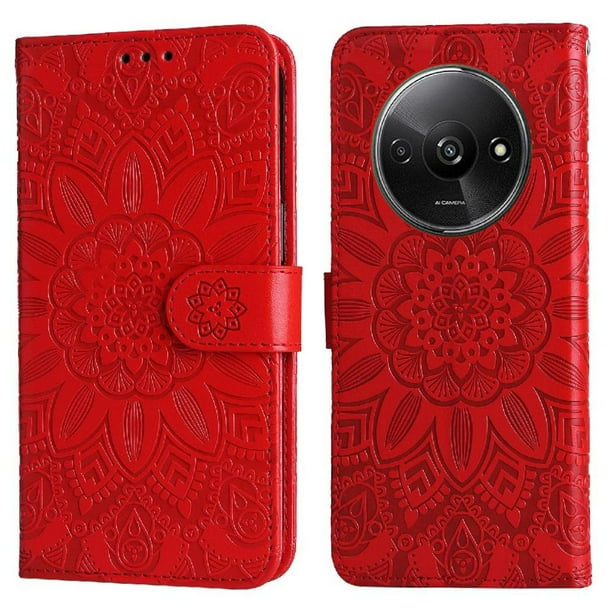 Funda tipo cartera FOXDOCK para Xiaomi Redmi A3 , diseño girasol en relieve, cuero PU, cierre magnético, soporte y tarjetero