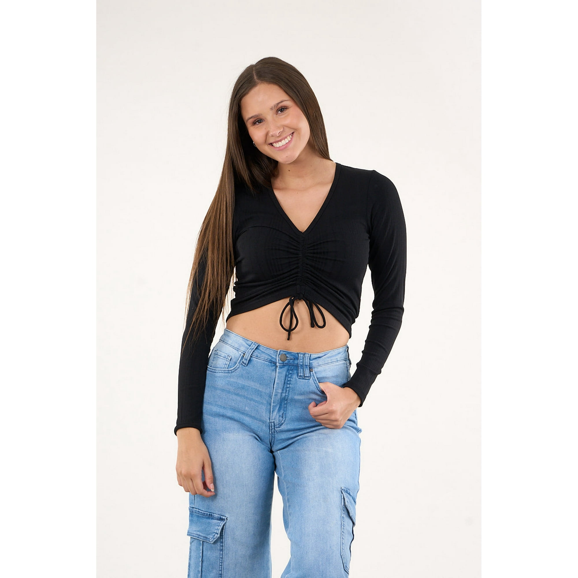 Polemic - Polera Manga Larga Rib Con Centro Recogido Negro Vw1772