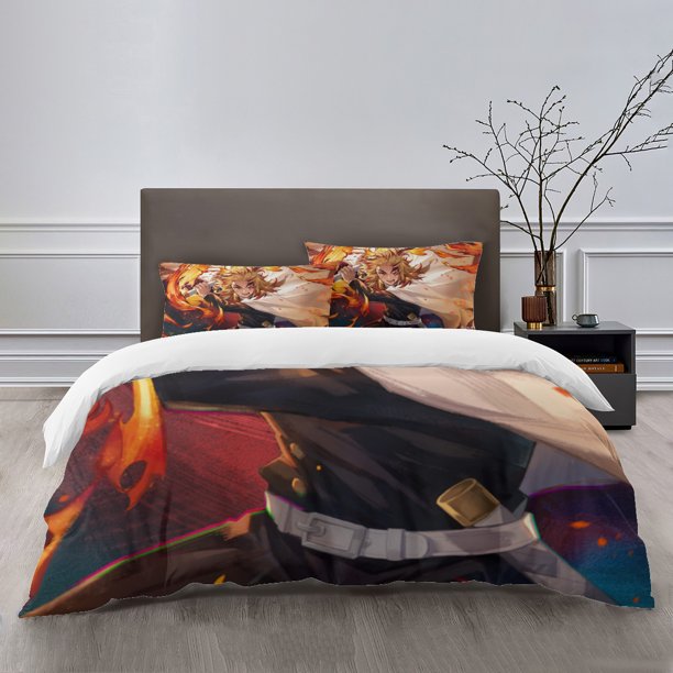 Rengoku Kyoujurou Bedding Sets Bed Cartoon Duvet Cover Lightweight 3 Piece Bet Sets for Kids Boys Girls