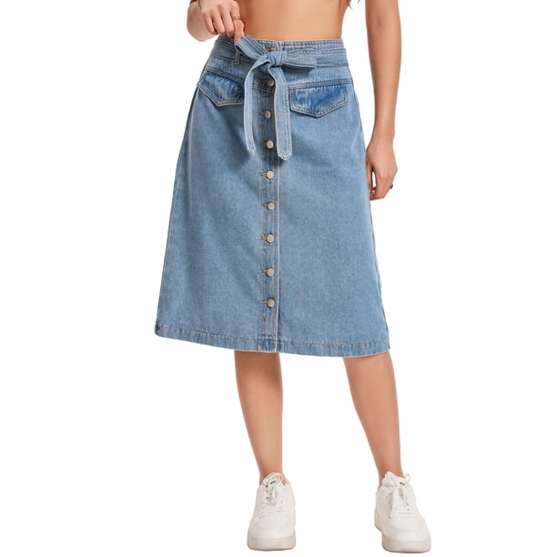 INSPIRE CHIC Falda Casual de Mezclilla para Mujer con Botones y Cinturón, Largo por Debajo de la Rodilla, Talla 2XL, Azul Claro