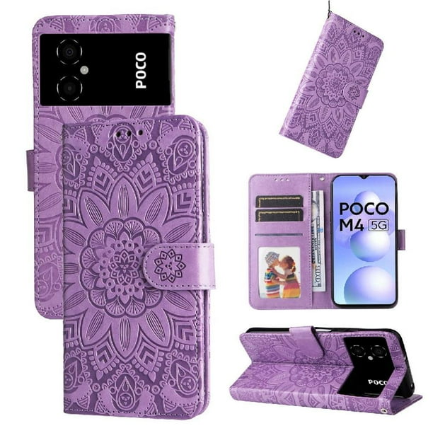Funda tipo cartera FOXDOCK para Xiaomi Poco M5 4G , diseño girasol en relieve, cuero PU, cierre magnético, soporte y tarjetero