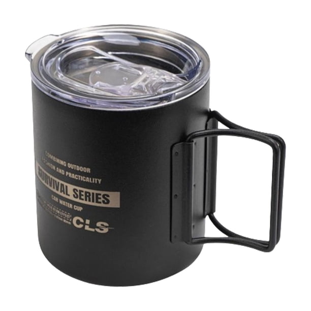 Taza de camping de metal, taza de camping de doble pared con aislamiento al vacío, taza para agua, té, café, taza para exteriores para viajes turístic Negro