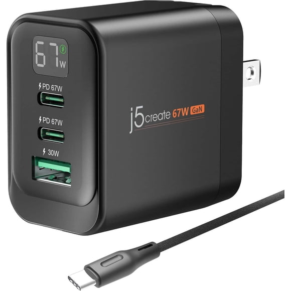 Cargador j5create JUP3567C 67W 3 Puertos GaN USB-C USB-A