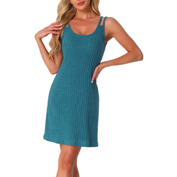 INSPIRE CHIC Vestido de Dormir de Punto Acanalado para Mujer, Camisón Suave sin Mangas con Dobles Tirantes para Primavera Verano XL Azul Pavo Real