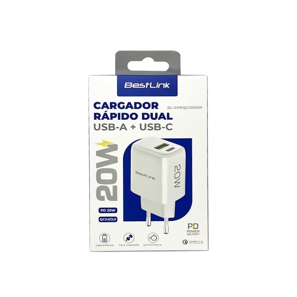 Cargador Carga Rápida 20W Dual USB-A + USB-C BestLink