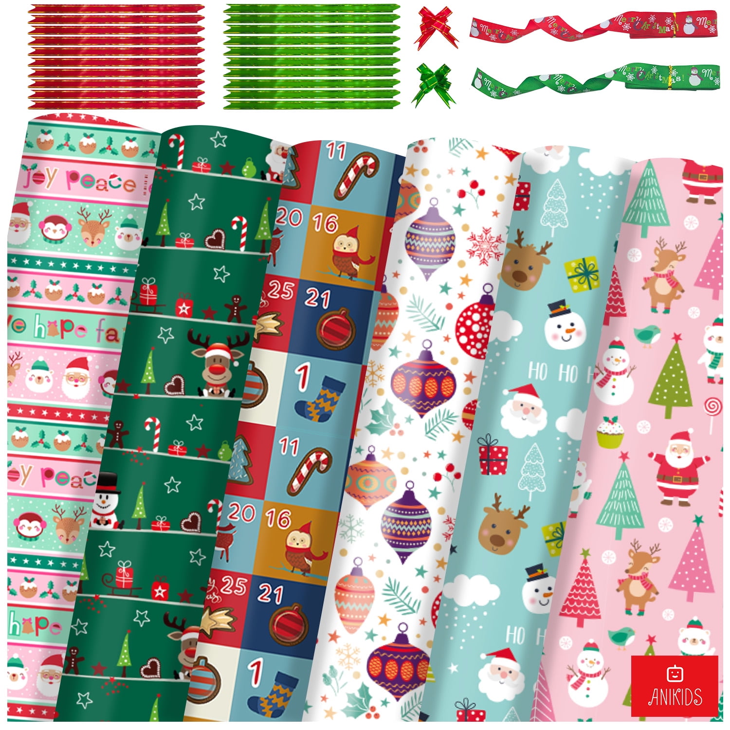 Anikids - Set 12 Papel De Regalo Navidad Con Cintas Lazos 75x51cm