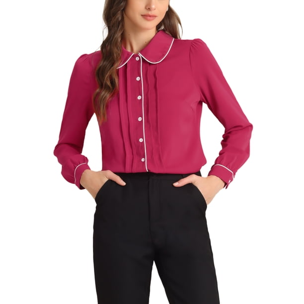 INSPIRE CHIC Blusa de Mujer para Regreso a Clases con Cuello Peter Pan, Manga Abullonada, Ribete en Contraste, Camisa Abotonada M Fucsia