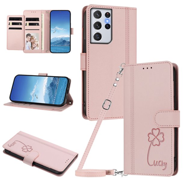 Funda Cartera Trébol para Samsung Galaxy S21 Ultra con Ranuras Tarjetas y Carga Inalámbrica Rosa