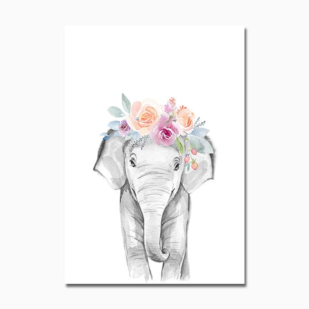 Pintura en lienzo con diseño de corona floral de animales, impresiones para niña, jirafa, elefante, león, arte de pared, póster para guardería