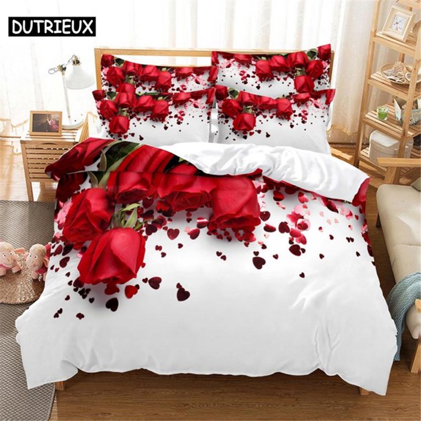 v892 Bed Sheets Red Rose Bedding Set Duvet Cover Set Bedding Digital Printing Bed Linen Queen Size Bedding Set Fashion Design 3-Piece Bedding Set (1 Duvet Cover + 2 Pillow Shams) Bed Sheets ju892