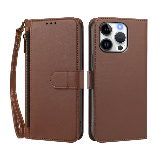 Funda Tipo Billetera para iphone14 Pro con Soporte y Bolsillo con Cierre Marrón