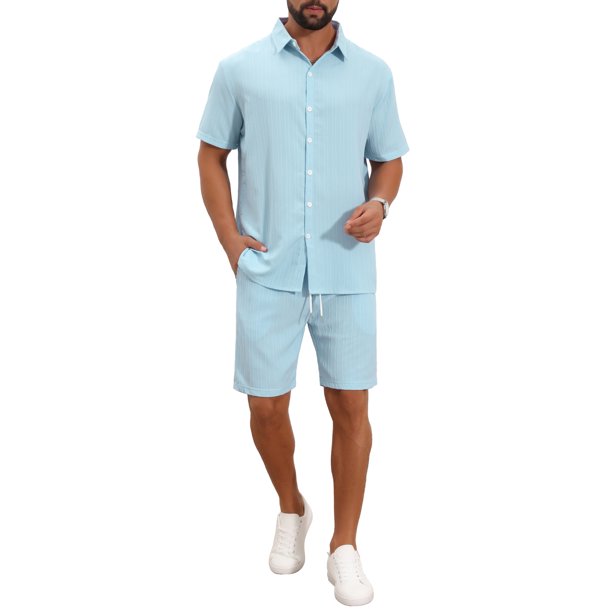 INSPIRE CHIC Conjunto de 2 Piezas para Hombre Camisa de Manga Corta y Pantalones Cortos con Textura a Rayas 2XL Azul Claro