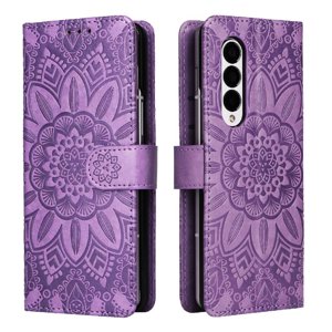 Funda Tipo Cartera Foxdock Para Samsung Galaxy Z Fold 3 , Diseño Girasol En Relieve, Cuero Pu, Cierre Magnético, Soporte Y Tarjetero
