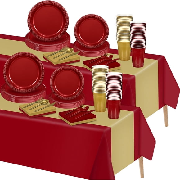 Set de Fiesta Uiifan de 194 Piezas, Burgundy y Oro, 23 cm y 18 cm