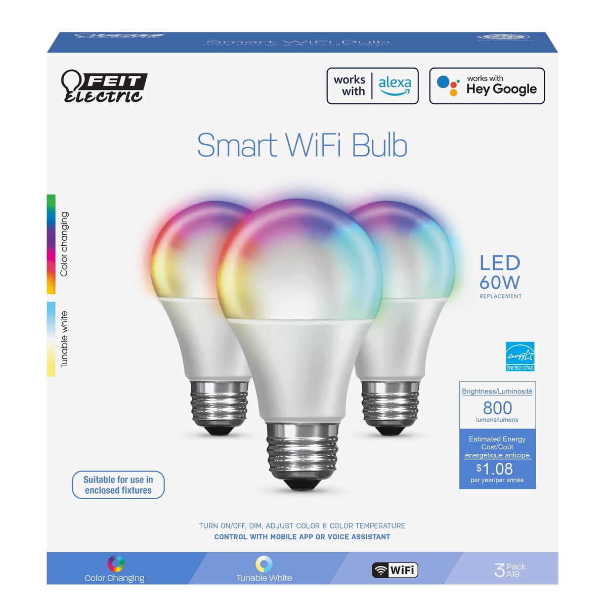 Ampolleta Led Inteligente Feit Electric 9w 60w Eq A19 E26 Wifi 3un
