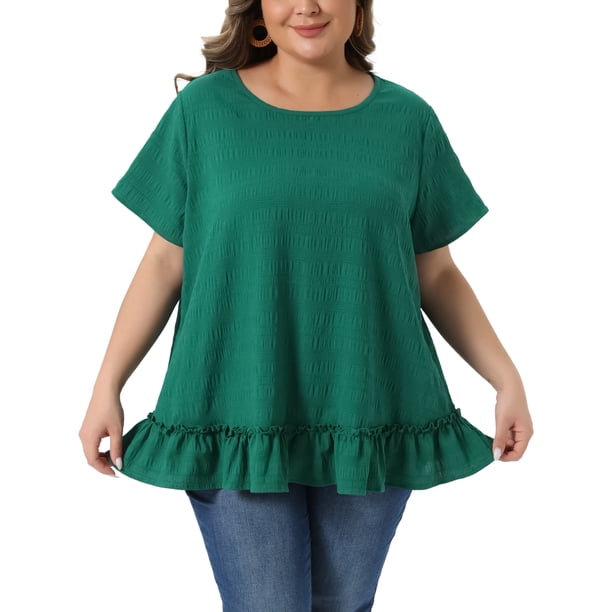 Agnes Orinda Blusa Casual de Verano para Mujer Talla Grande, Día de San Patricio, Cuello Redondo, Manga Corta, Dobladillo en Capas, 2X Verde