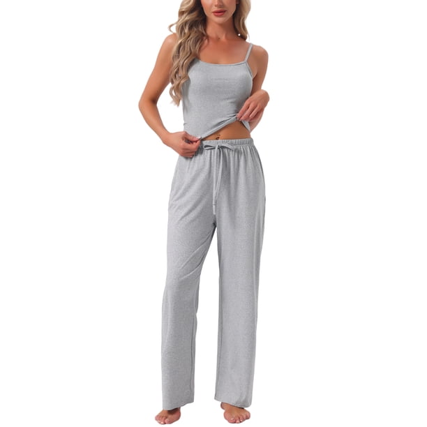 INSPIRE CHIC Conjunto de pijama de punto de jersey para mujer, cami ajustable y pantalones de pierna ancha con bolsillos XS Gris