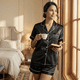 thumbnail image 1 of Pijama De Saten Mujer 2 Piezas Set Camisa Y Short Suave Boton Negro, 1 of 10
