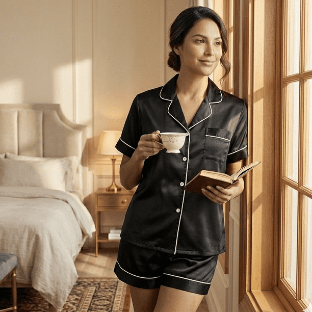 Pijama De Saten Mujer 2 Piezas Set Camisa Y Short Suave Boton Negro