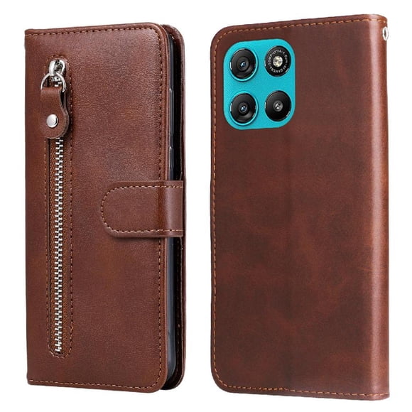 Funda tipo cartera para Motorola Moto G67 Power 5G con bolsillo con cremallera y ranuras para tarjetas – Función de soporte Marrón