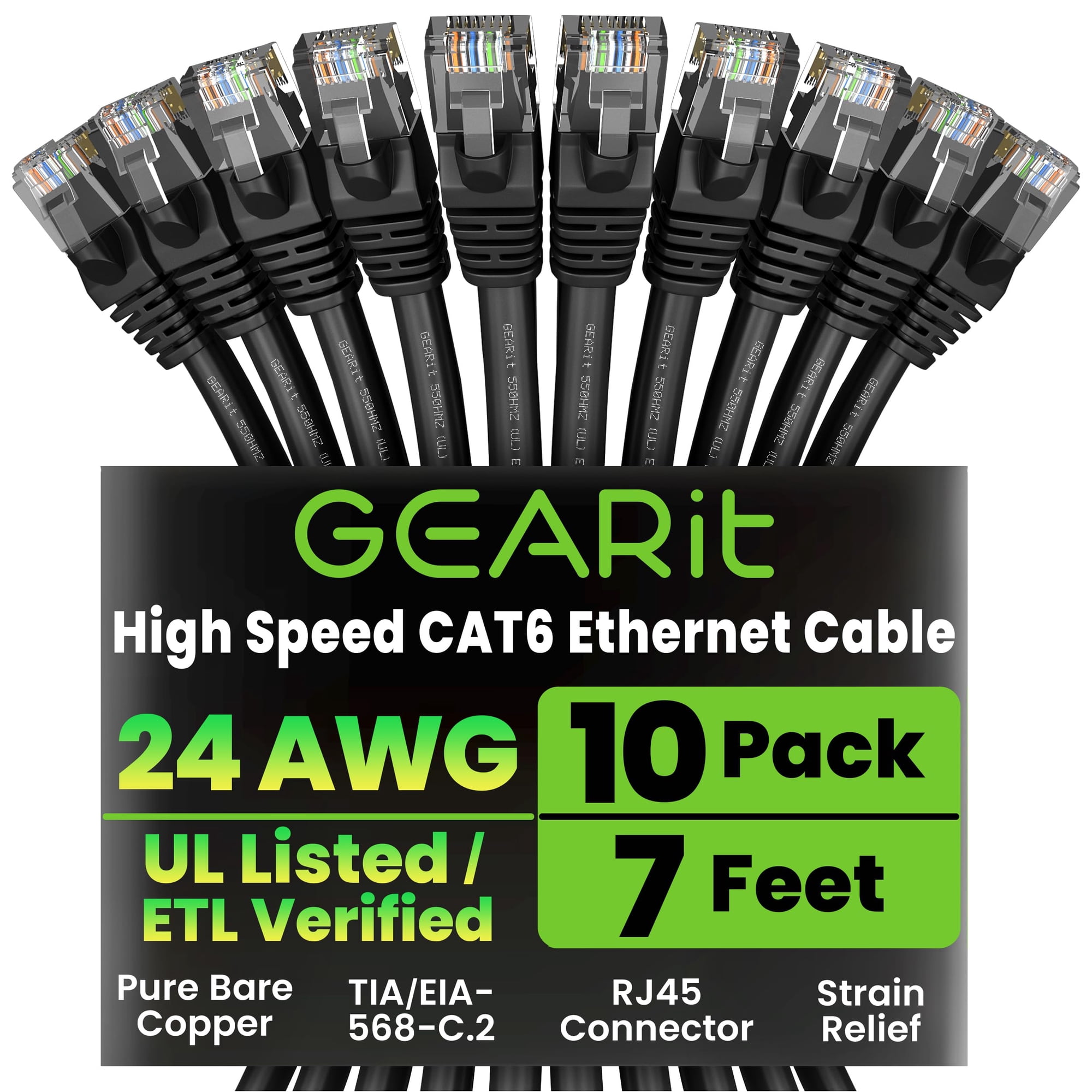Cable Ethernet Gearit Cat 6, 7 Pies, 10 Unidades, 10 Gbps, Rj45, Negro