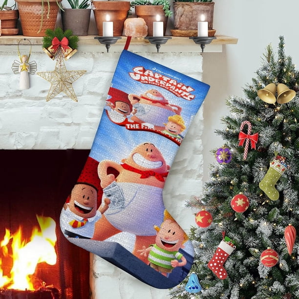 Capitán Calzoncillos Tema: Calcetines de Navidad, fino lino blanco para colgar en escaleras y chimenea, decoración navideña para el hogar, regalo de Navidad. 45cm × 32cm