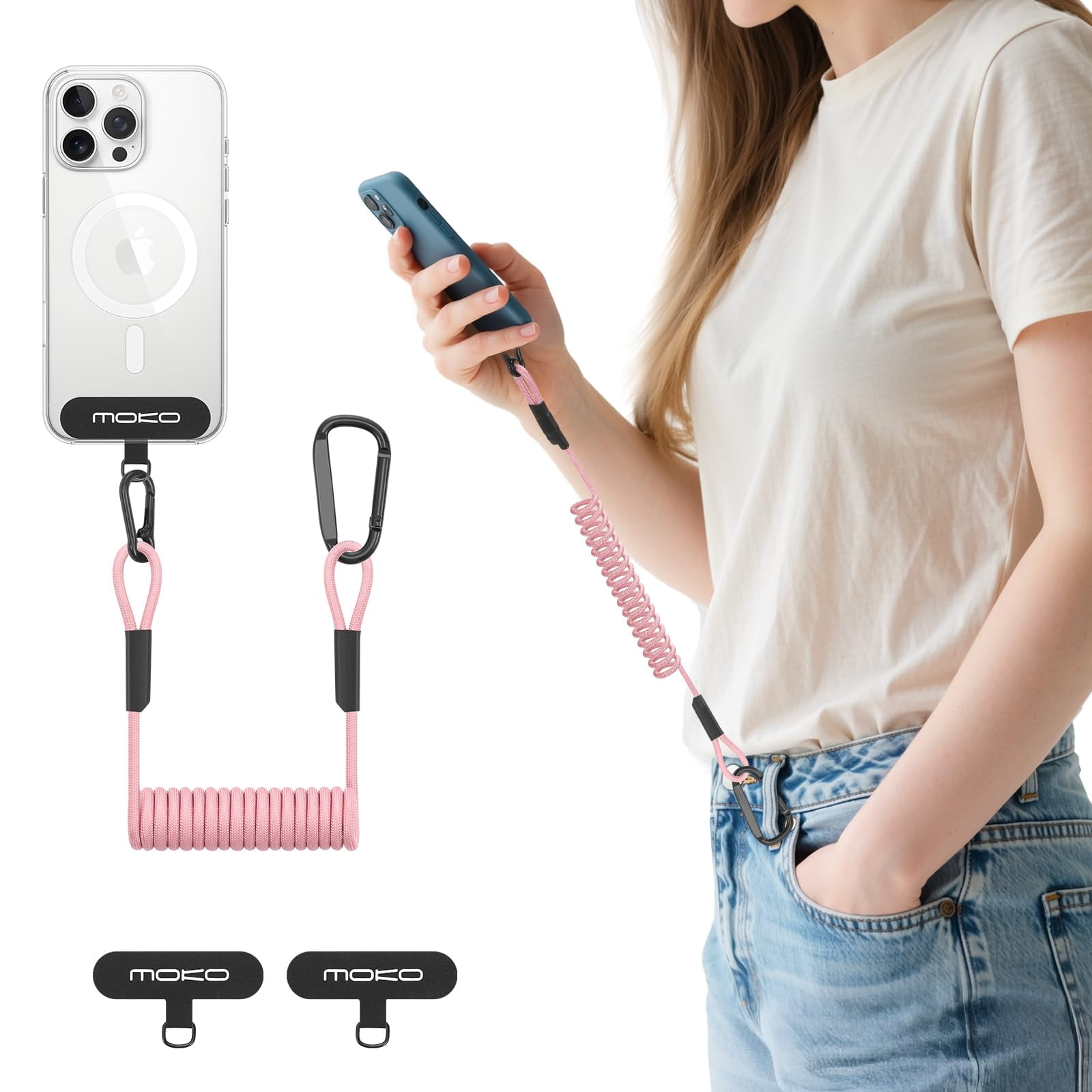 Cordón Elástico Antirrobo Phone Tether Moko Con Clip, Color Rosa