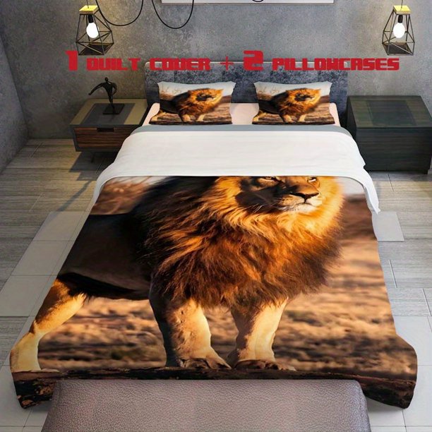 3pcs African Savanna Lion Thick Mane Themed Printed Three Piece Bedding Set Soft Quilt Cover And Two Pillowcases