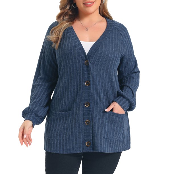 GRACE & GRANDEUR Cárdigan abierto para mujer de talla grande con botones, mangas de linterna, cuello en V, suelto, casual, suave, tejido de punto, con bolsillos 1X Azul Marino