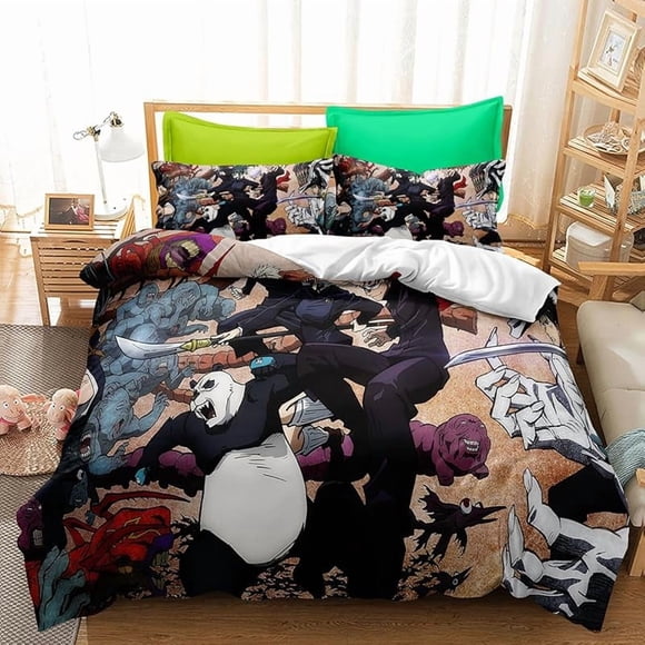 Anime- 3D Cartoo-n Cute Juj-utsu -Kai-sen 3 P-iece Anime Gir-l Comf-orter Set Boy-s and Girl-s Bed-ding Set -Super Soft Co-mforter Zipp-er 2 P-illowcas-es for Girl-s Boys