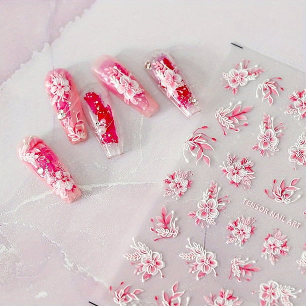 5D Embossed Flower Nail Stickers for Acrylic Nails - Blue and White Design Flower Nail Art Decals for Beautiful and Easy Nail Art