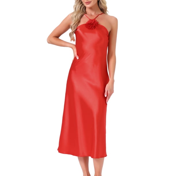 INSPIRE CHIC Vestido de Dormir Midi de Satén para Mujer con Detalle de Borlas y Tirantes Ajustables Suaves para Descansar M Rojo