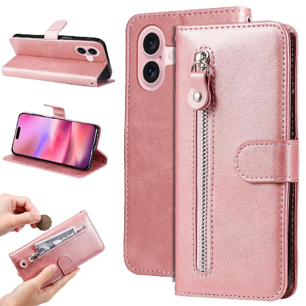 Gangxun - Funda Con Cremallera Para Iphone 16, Carcasa Cartera De Cuero Pu Con Soporte Y Tarjetero