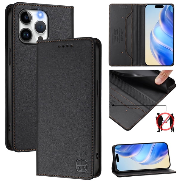 Funda Billetera con Soporte para iPhone 15 Pro Max Bloqueo RFID Plegable Negro