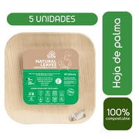Ecosoulife - Pack De 5 Platos Cuadrado Hoja De Palma 100% Biodegradable 25X25