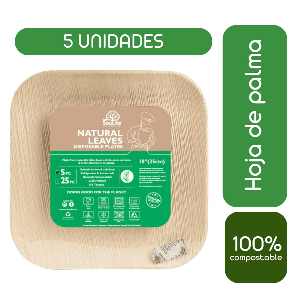 Ecosoulife - Pack De 5 Platos Cuadrado Hoja De Palma 100% Biodegradable 25x25
