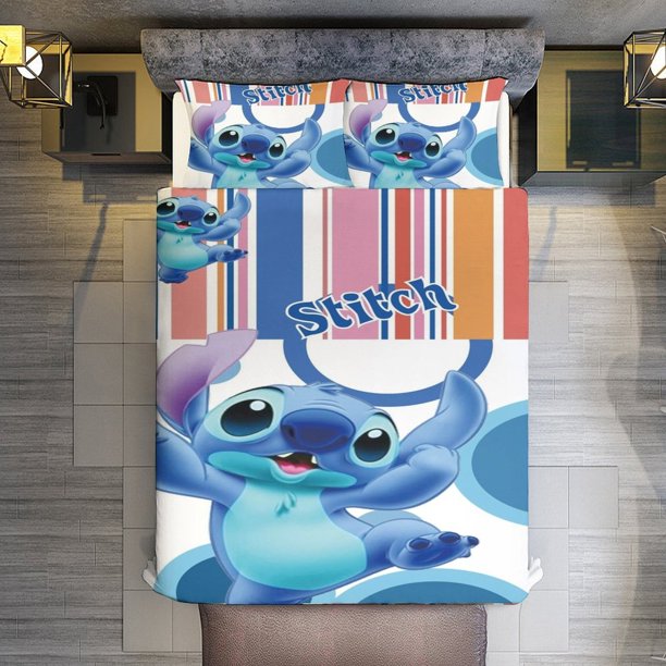 3 Pieces Cartoon Stitch Bedding Comforter Set Full with 2 Pillowcases for Kids Teens Girls Women Microfiber Easy Wash Light Breathable Cozy White Base Bed Sheets