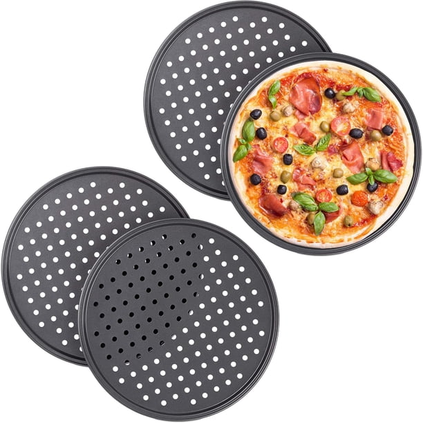 Bandeja perforada para pizza, paquete de 2, de acero al carbono, antiadherente, redonda y crujiente, ideal para el hogar y la cocina.