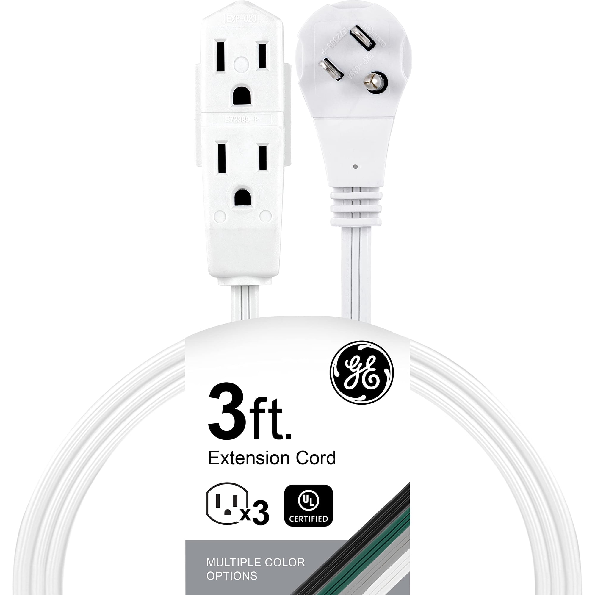 Cable De Extensión Ge De 3 Salidas, 3 Pies, Toma De Corriente Con Enchufe Plano, Color Blanco