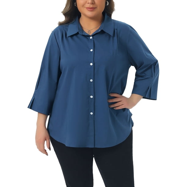 Agnes Orinda Camisas de Mujer Talla Grande para Escuela o Universidad con Botones, Cuello, Pliegues, Mangas 3/4, Blusas Sólidas de Negocios, Talla 4X Azul Oscuro