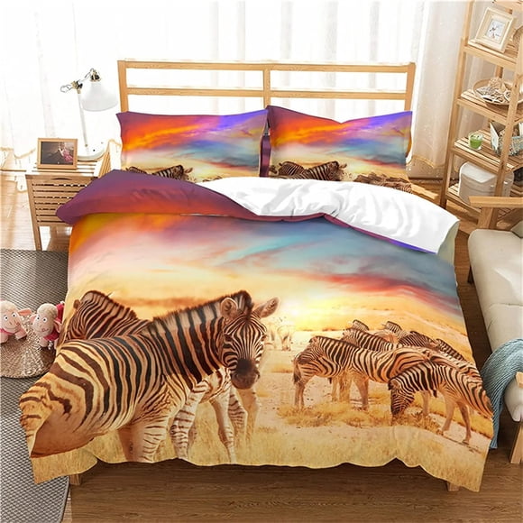Zebra Duvet Cover Set Polyester Comforter Cover Black And White Stripe Wild Animals For Kids Teens Bedding Set