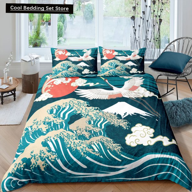 Japanese Crane Duvet Cover Size Wave Flower Ukiyo-e Style Bedding Set Eastern Culture Polyester Quilt Cover Bed Sheets