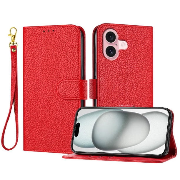 Funda Cartera para iPhone 16 Plus Tarjetero Soporte Magnético y Correa Rojo